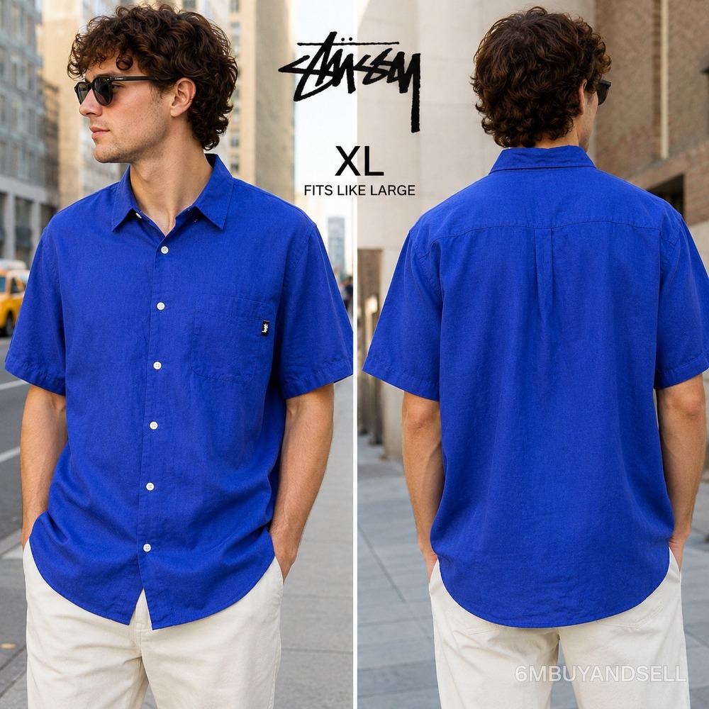 Stussy Mens XL Blue Linen Cotton Short Sleeve Button Up Shirt Streetwear 111926